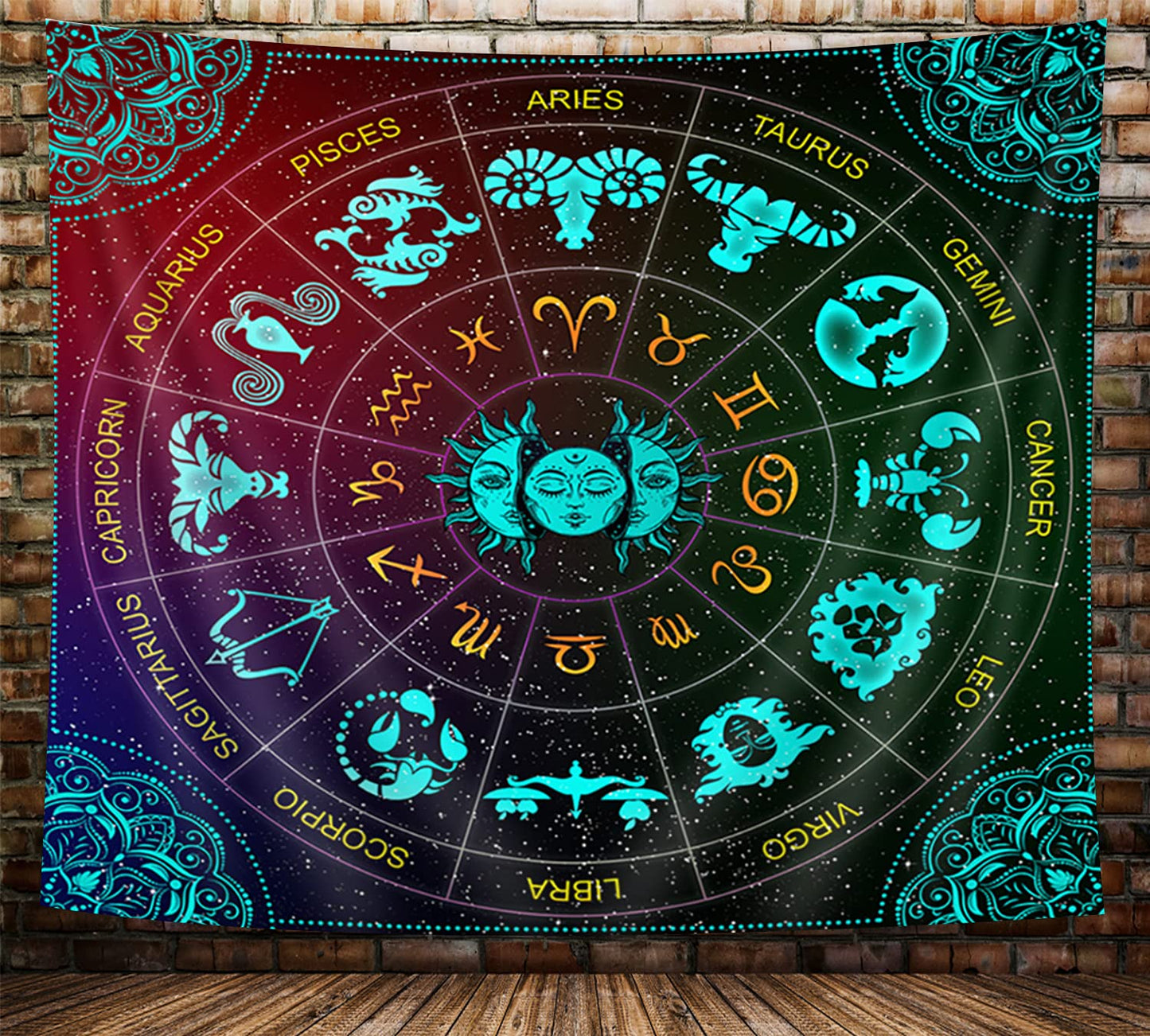 VeiVian Zodiac Astrology Wall Hanging, Sun and Moon Constellation Blacklight Art, Trippy Mandala Boho Witchy Wall Tapestry for Bedroom, Living Room, Dorm, (60x40)
