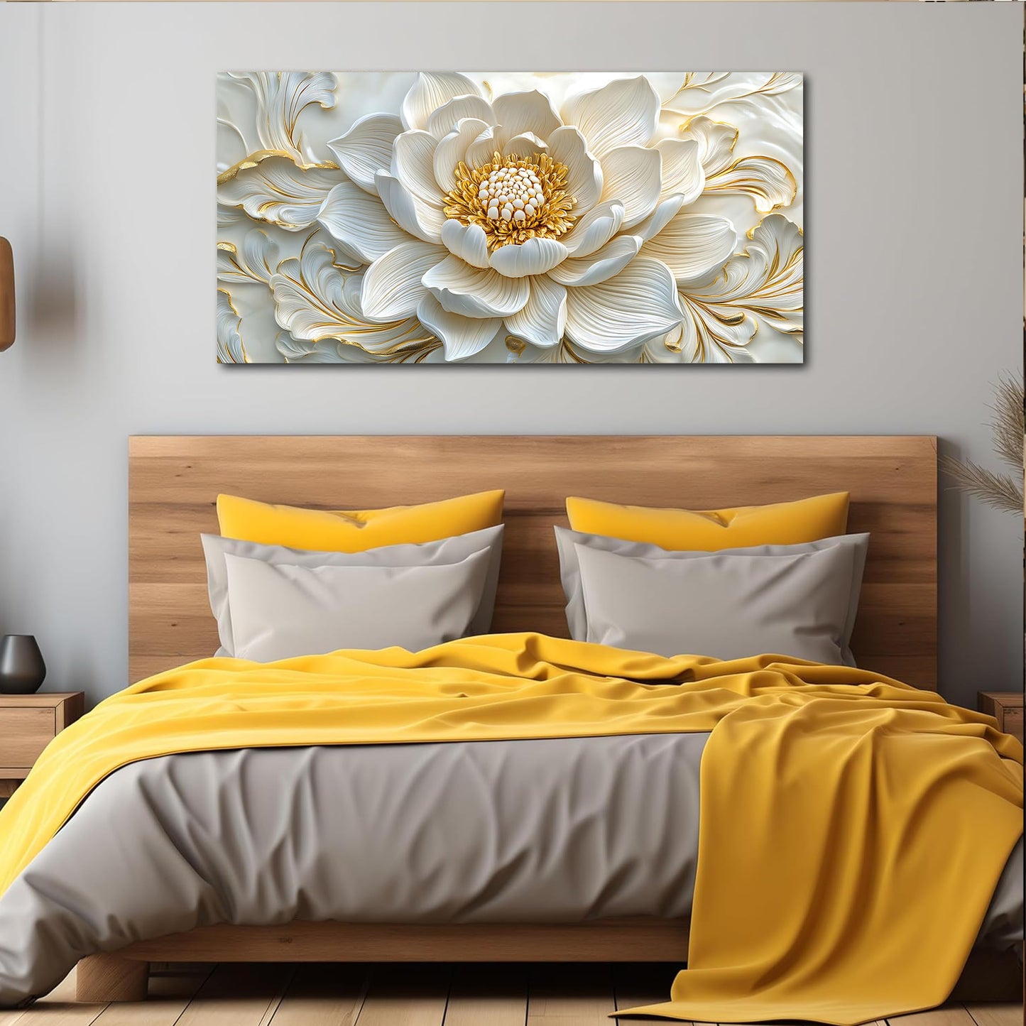 SSNEEKNDG White Floral Wall Art for Living Room Gold Flower Picture Large Botanical Artwork for Bedroom Office Canvas Prints Ready to Hang 20"x40"