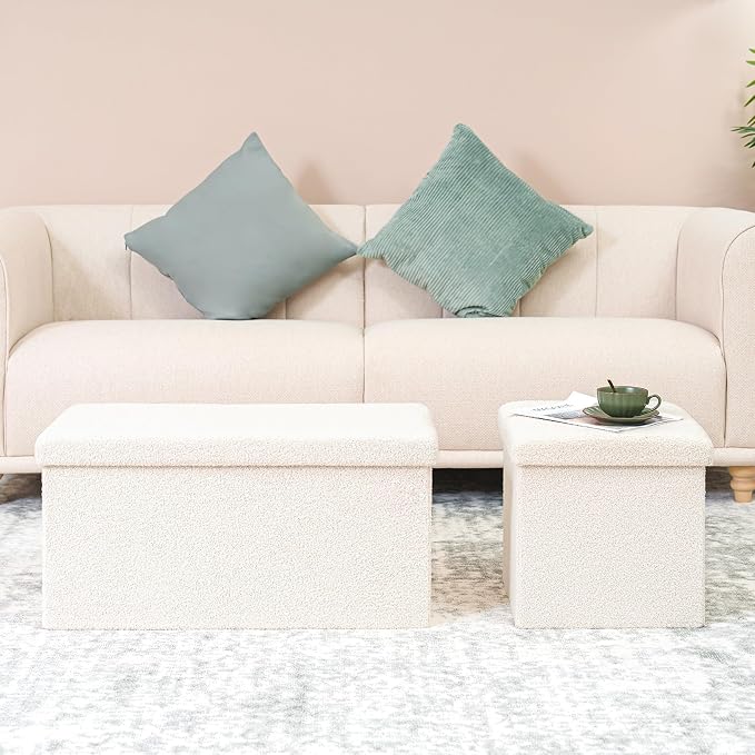 B FSOBEIIALEO Small Storage Ottoman Cube Sherpa Ottomans Foot Rest, Foldable Boucle Ottoman, Faux Teddy Fur, Cream White 15"x15"x15"