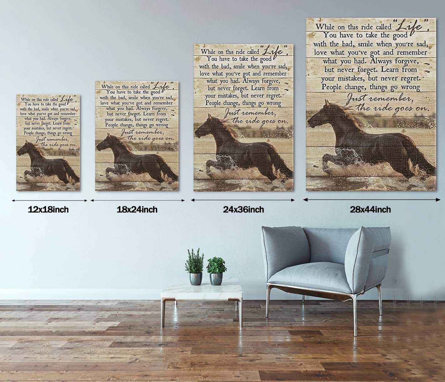 Inspirational Wall Art Horses Painting on Canvas, Motivational Positive Quote Retro Horse Picture Posters and Prints for Home Decor, Living Room, Office, Framed, 12" x 18"