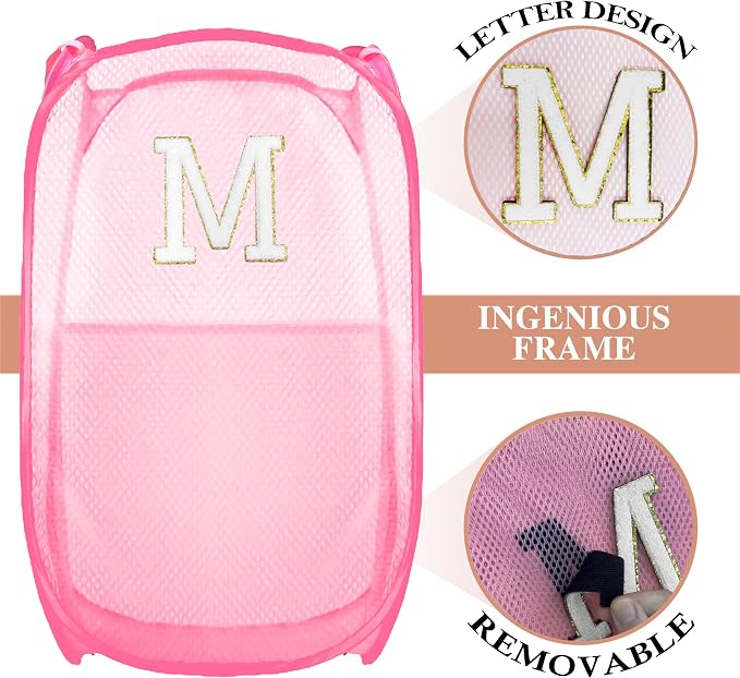 Collapsible Pop Up Laundry Hamper, Extra Large with Removable Initial Letter M, Mesh Foldable Laundry Basket, 28" x 16" x 16" (Pink)
