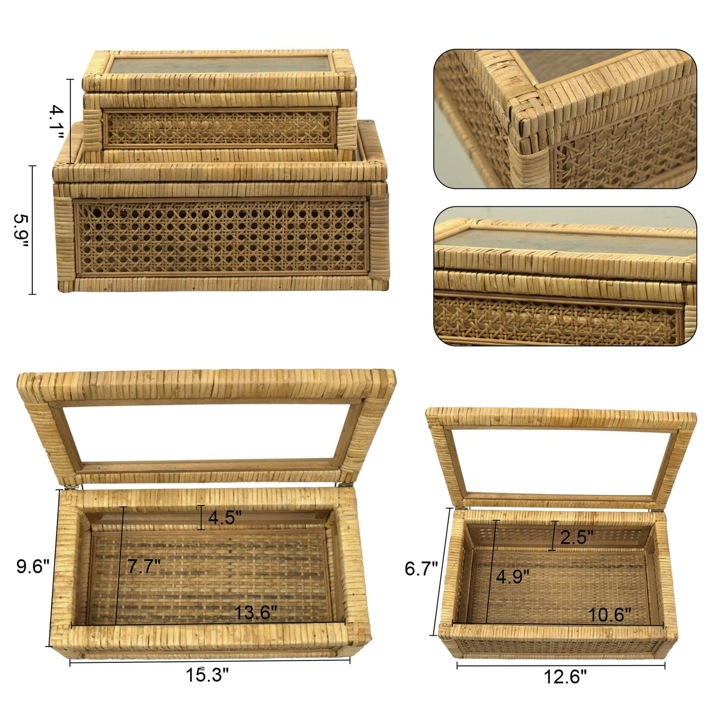 BOMINGHOME Rattan Display Box for Home Decor with Lid - Rectangular Coastal Bohemian Style Stackable Decorative Storage Box Set - Handmade from Natural Rattan, Cedar & Real Glass
