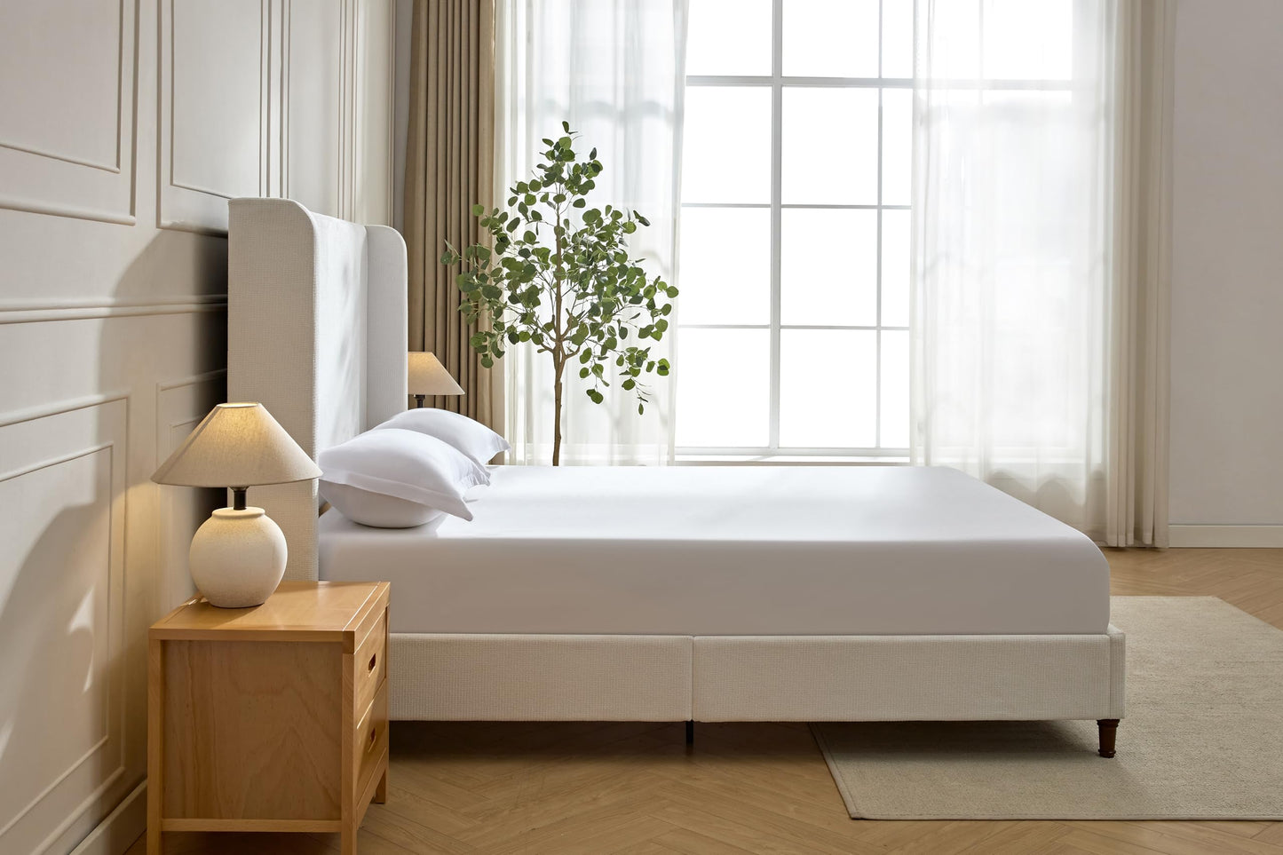 GDFStudio Tall Headboard Upholstered Bed,Queen Size Platform Bed Frame with Headboard Wingback,54" High No Box Spring Needed Easy Assembly Elegant Simplicity Cream White Chenille