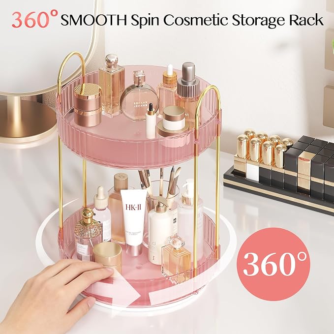 Rotating Makeup Organizer Countertop,Skincare Organizers,Spinning Perfume Tray Stand,Makeup Storage Organizer for Vanity,Bathroom Organizer and Storage,Lazy Susan,2 Tier,Pink