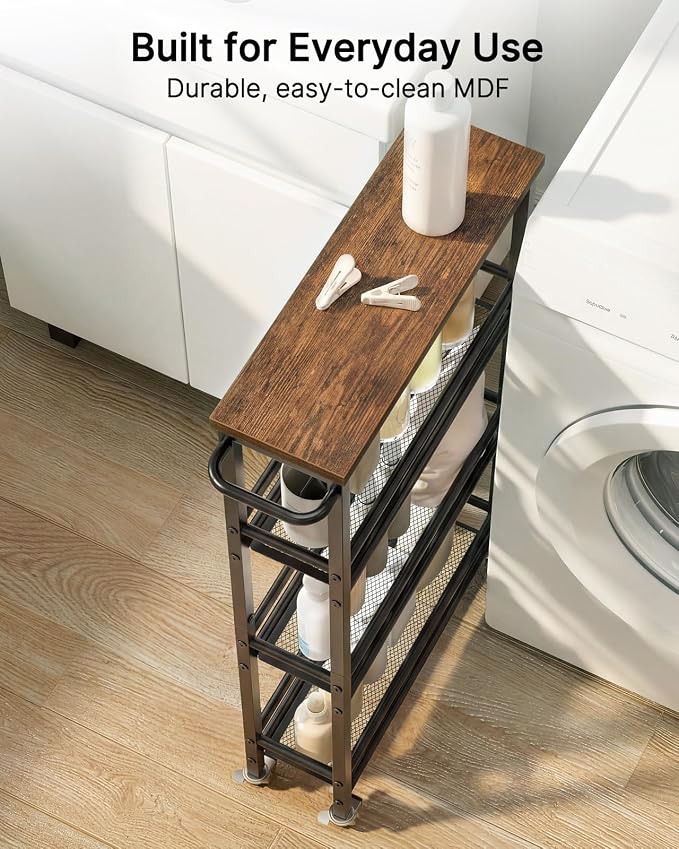 Pipishell Slim Storage Cart with Wheels - 4 Tier Rolling Kitchen Storage Cart with Handle and Wood Top, Metal Slim Bathroom Cart for Laundry Room, Bathroom, Kitchen, Narrow Space, Black & Rustic Brown