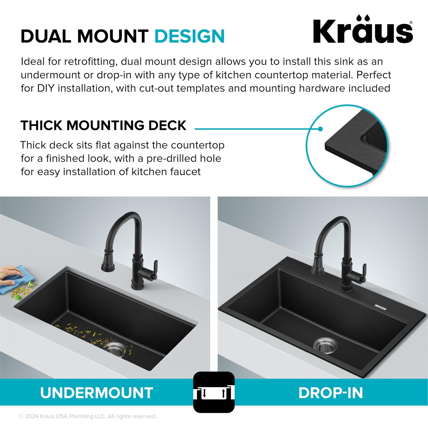 KRAUS Quarza 31-inch Drop-In/Undermount Single Bowl Granite Kitchen Sink in Black Onyx, KGD-412B