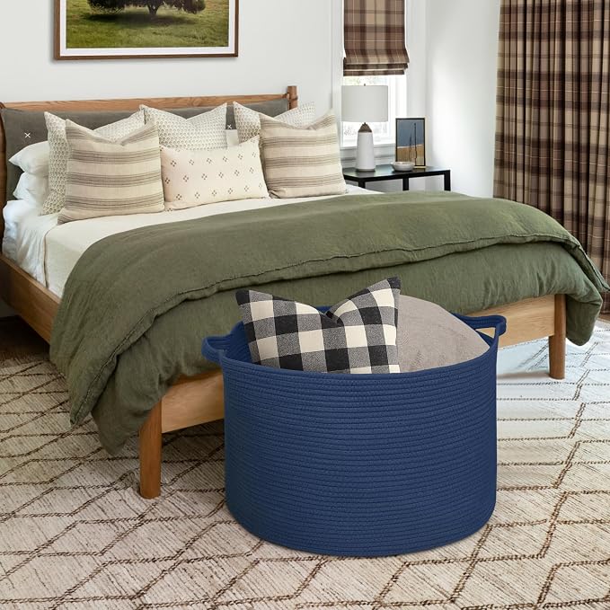 MEGASKET 115L Dark Blue Basket for Organizing, 23.6" x 15.7" XXXL Woven Cotton Rope Laundry Basket, Oversized Blanket Storage for Living Room Bedroom, Kids Toy Box Organizer, Pool Towel Storage Bin