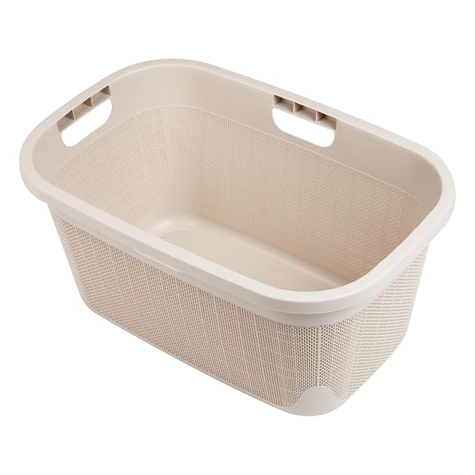 Mind Reader 40L Laundry Basket, Linen Design Clothes Hamper, Plastic Storage Bin with Handles, Ivory