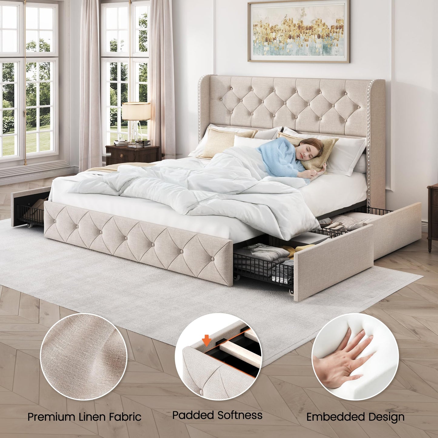 LARMACE Queen Size Bed Frame with 4 Storage Drawers and 47.2" Tall Tufted Headboard Linen Upholstered Platform Bed Frame Wingback Beds with Wooden Slats Support, Easy Assembly, Beige