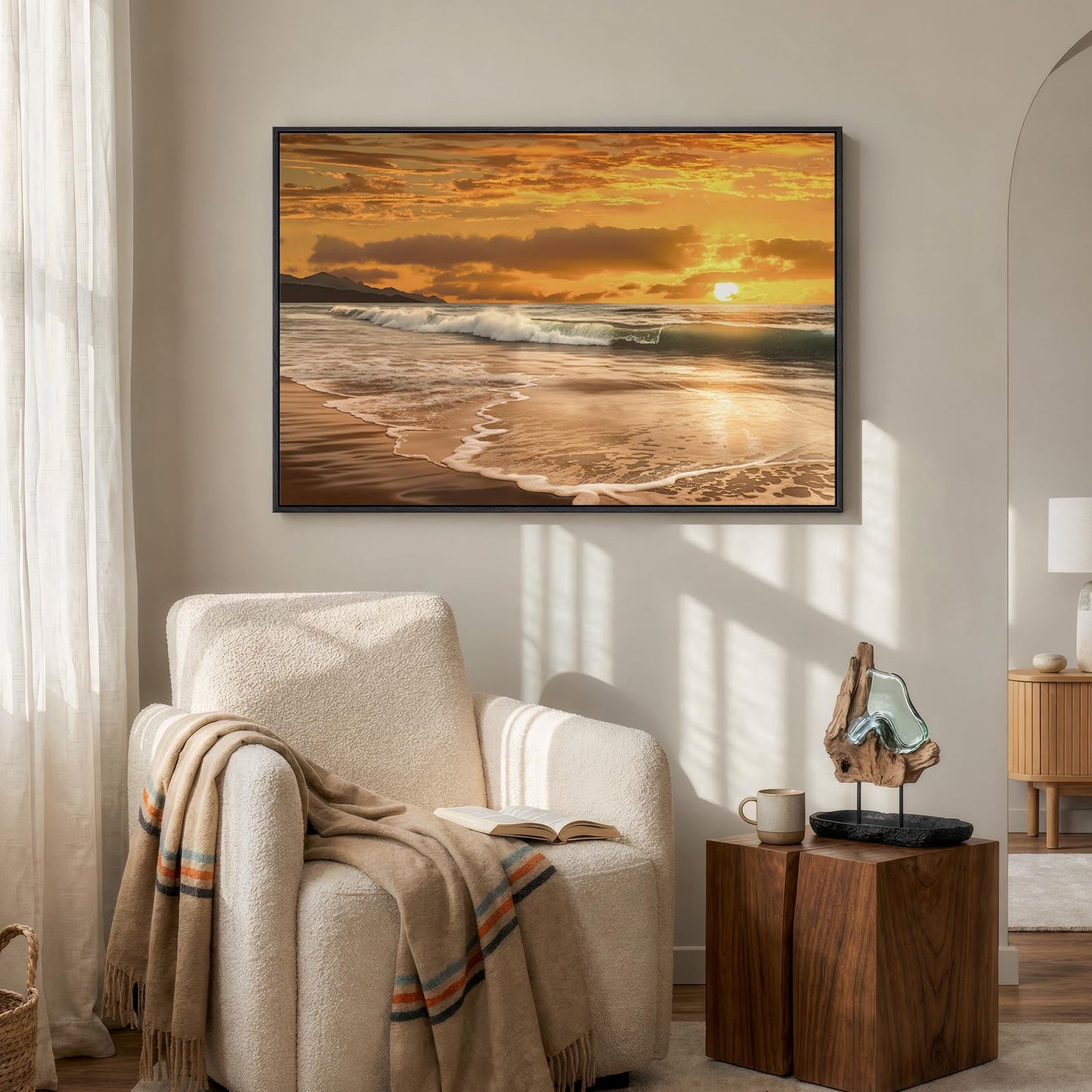 Framed Coastal Beach Wall Art, Ocean Landscape Large Canvas Prints Paintings Artwork for Walls, Gold Sunset Pictures Wall Decor for Bedroom Dining Room Living Room Bathroom Hallway Farmhouse, 24x36 In