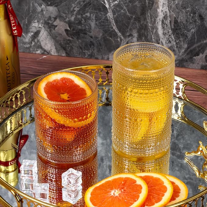 Moretoes Kitchen Hobnail Drinking Glasses Set of 6, 12 Oz Highball Glasses & 10 Oz Cocktail Glasses, Clear Embossed Boho Glass Cups Kitchen Bar Tumbler Glassware Set for Whiskey, Beer, Juice, Milk