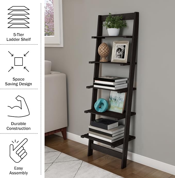 Lavish Home 5-Tier Ladder Shelf – 50" Narrow Leaning Wood Bookcase for Small Spaces, Decorative Storage in Living Room, Office, or Bathroom – Black Modern Display Shelf