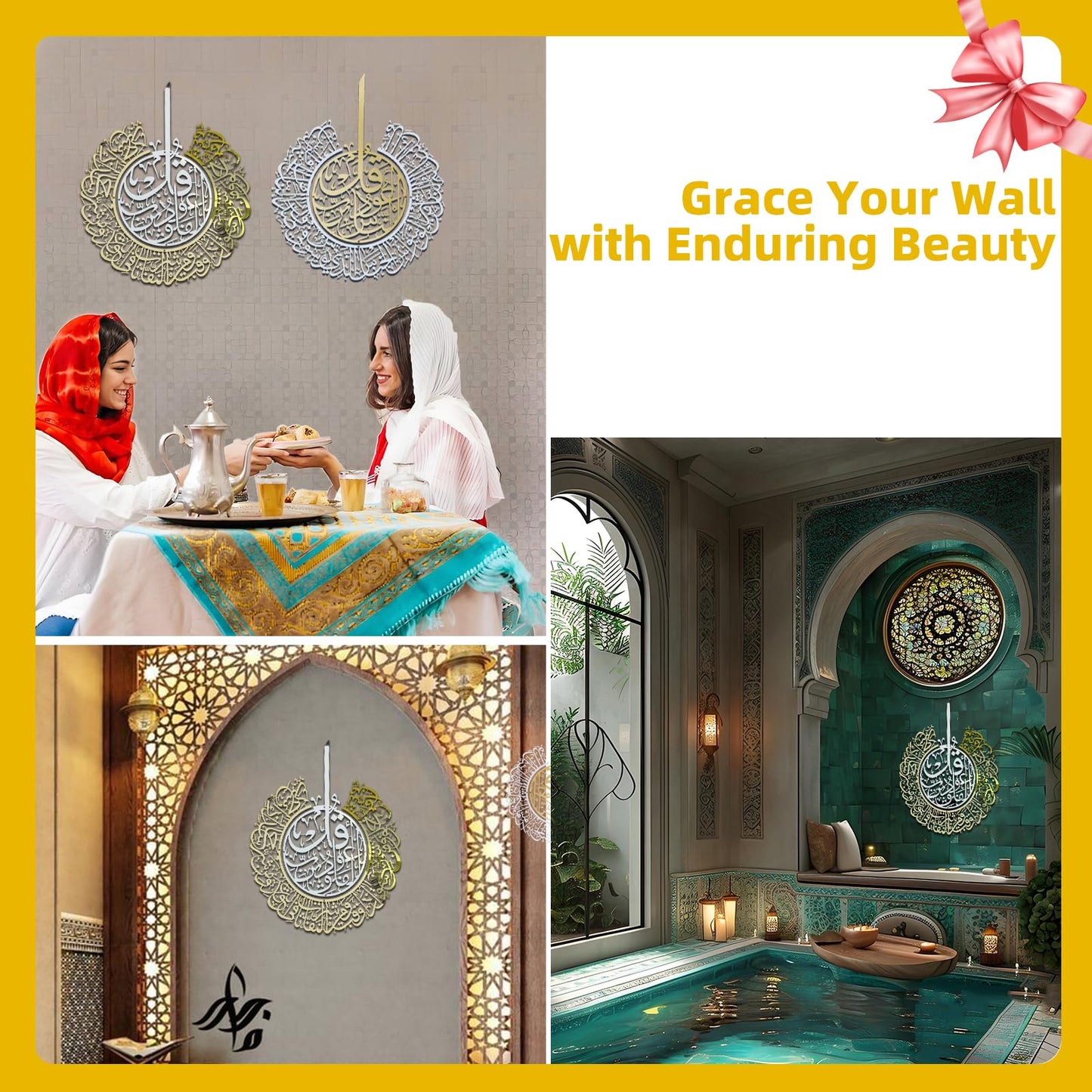 Stainless Steel Shiny Islamic Wall Art, A Set of 2 Quran Verse Arabic Calligraphy Wall Decor, Islamic Home Decorative Gift for Muslims during Ramadan, Featuring Surah Al Falaq and Surah An Nas