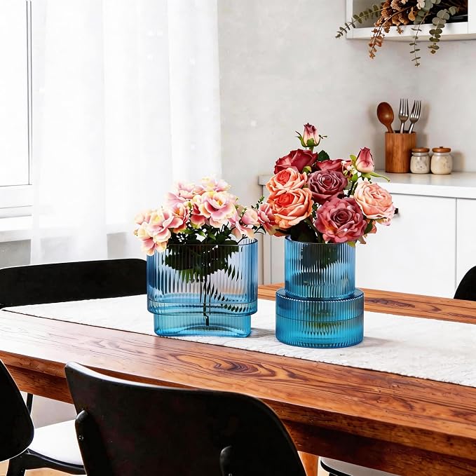 Blue Glass Vases, Set of 2 Ribbed Vases for Flowers, Blue Vase for Tulips, Modern Glass Vase for Living Room, Dining Table, Office, Entryway, Mantle, Bookshelf, Wedding Gifts