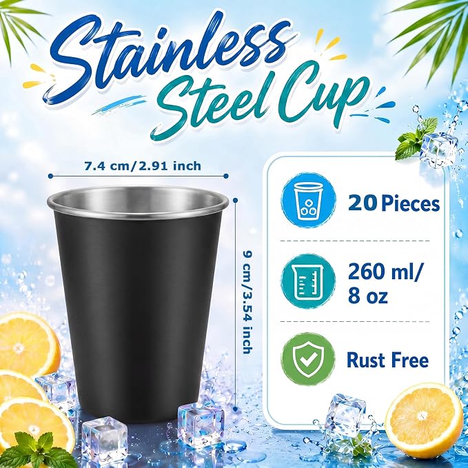Mimorou 20 Pack 8 oz Stainless Steel Pint Cups Metal Cups Unbreakable Drinking Water Tumblers Stackable Tumbler for Adults Bar Home Restaurant Travel Picnic Camping Outdoor (Black)
