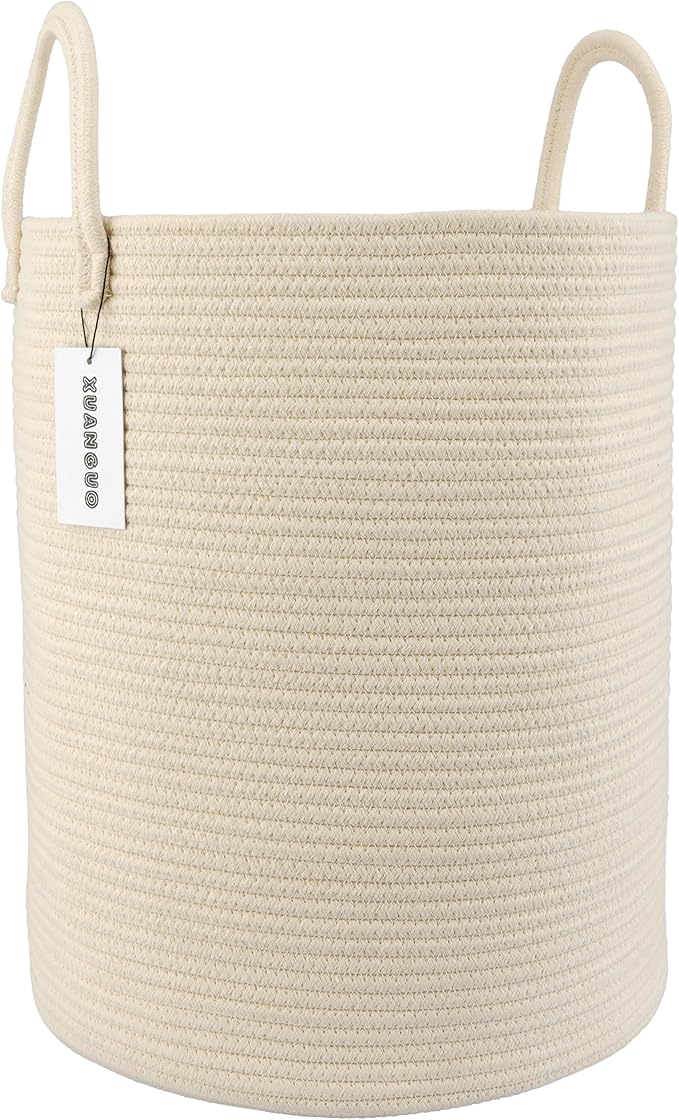 XUANGUO Cotton Rope Laundry Basket Hamper for Clothes Woven Storage Basket for Living Room Bedroom Boho Tall Rope Baskets for Blanket Toys Pillow Towels Baby Nursery Hamper Bin beige