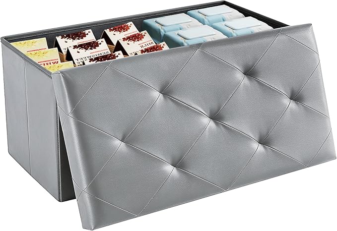DUMOS 30 Inches Folding Ottoman with Storage Bench, Foot Rest Stool, End of Bed Storage Bench Upholstered, Load 660 lbs, for Living Room, Lychee Grain Leather, Grey