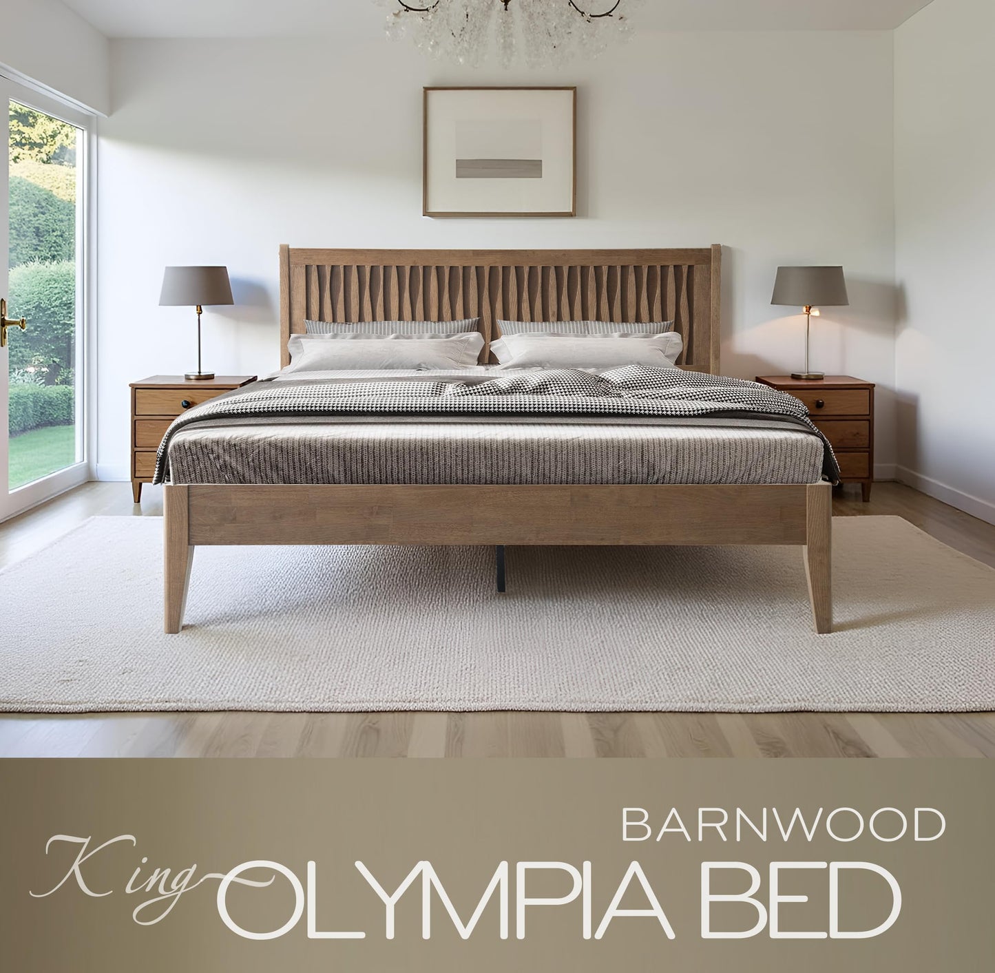 King Size Bed Frame, Solid Wood Platform Bed with Headboard & Footboard, 12 Sturdy Slatted Structure, Central Metal Legs, Easy Assembly, Noise & Anti-Slip, No Box Spring Needed, Barnwood Finish OLK-30