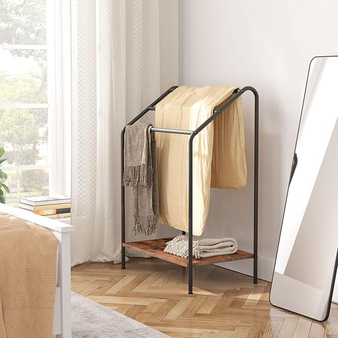 HOOBRO Freestanding Towel-Rack for Bathroom, 3 Tier Blanket Rack for Living Room, 23.6" L x 14.2" W x 33.9" H, Quilt Blanket Ladder Holder, Drying and Display Rack, Rustic Brown and Black BF63LB01
