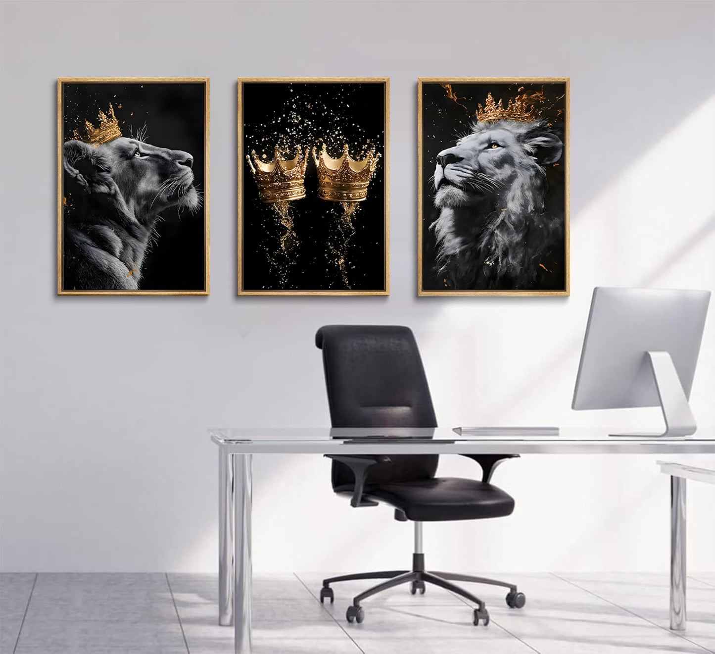 3 Pieces Lion Canvas Wall Art Golden crown with lion Poster print Modern Motivational Black And White Lion Pictures Wall Decor for Living room Office Decoration Unframed