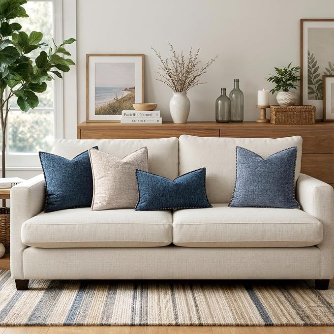 MIULEE Pack of 2 Couch Throw Pillow Covers 18x18 Inch Dark Blue Farmhouse Decorative Pillow Covers with Stitched Edge Soft Chenille Solid Dyed Pillow Covers for Sofa Bed Living Room