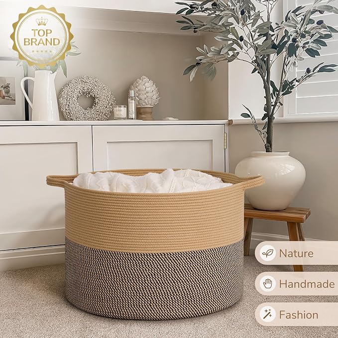 INDRESSME 115L Extra Large Blanket Basket, Woven Baskets for Storage, Wicker Storage Basket for Organizing Woven Laundry Baskets for Toy Pillow Shoe Entryway, Camel & Mix Camel