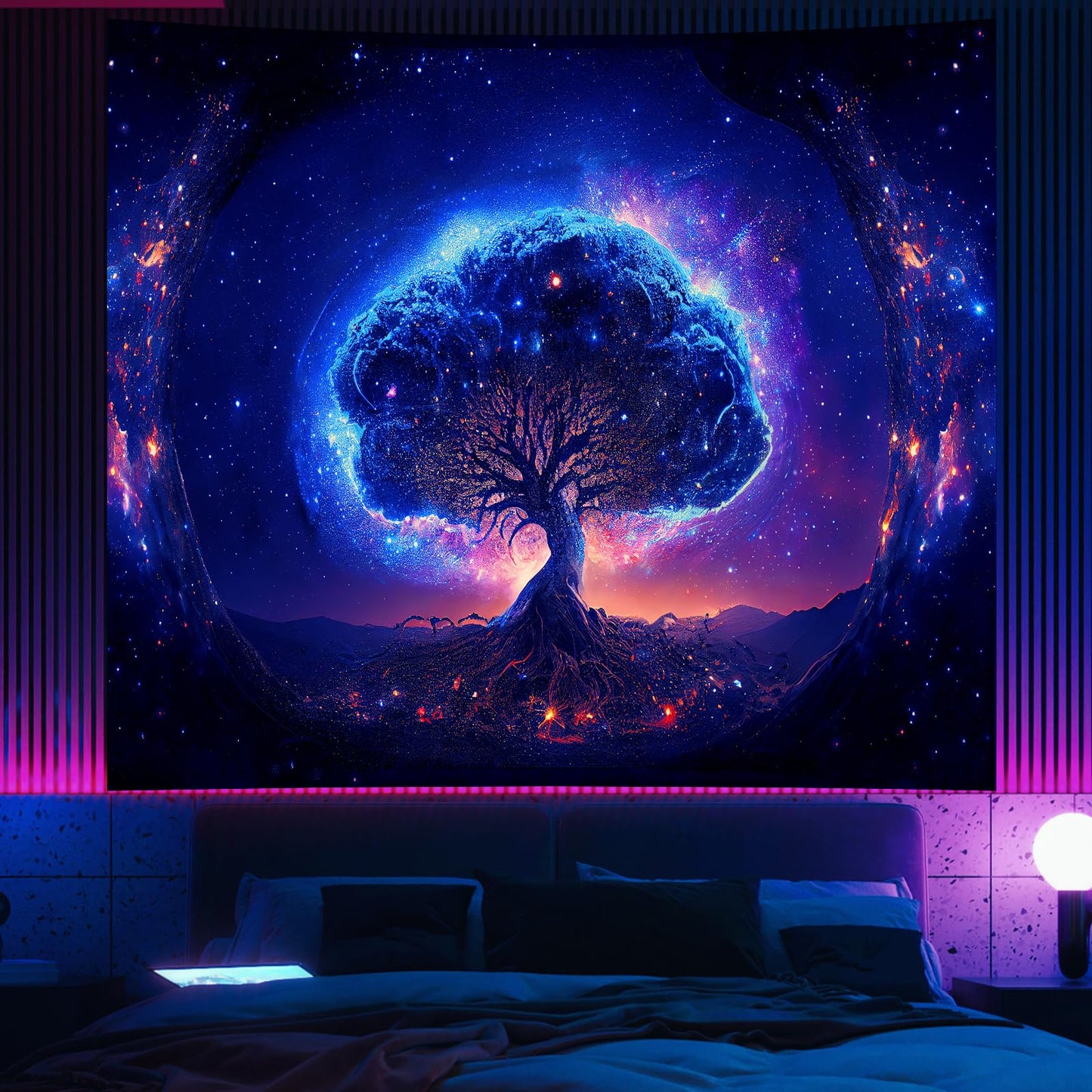 Avinyl Blacklight Tree and Space Tapestry for Bedroom, Aesthetic Cool Black Light Tree of Life Tapestries for Girl, Fantasy Stars Galaxy Wall Hanging for Living Room Teen Dorm Decor (51" x 60")