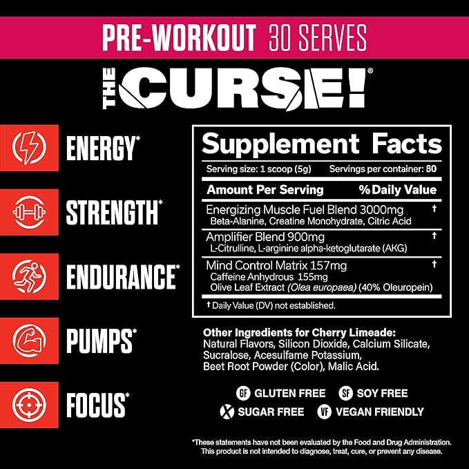 JNX SPORTS The Curse! Pre Workout Powder for Men & Women, Caffeine, Beta-Alanine, Creatine, L-Citrulline, 30 Servings, Cherry Limeade Flavor ??Boost Energy, Strength & Focus