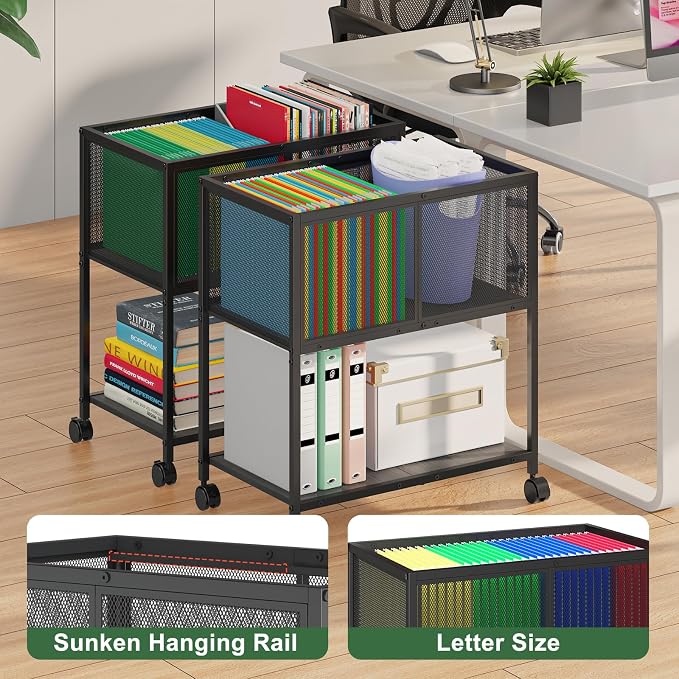 Sbanmao Rolling File Cart, Mobile File Cabinet with Wheels Hanging Files, Metal Hanging File Folder Cart File Organizer Fit Letter Size for Home Office, Black (Patent Pending)