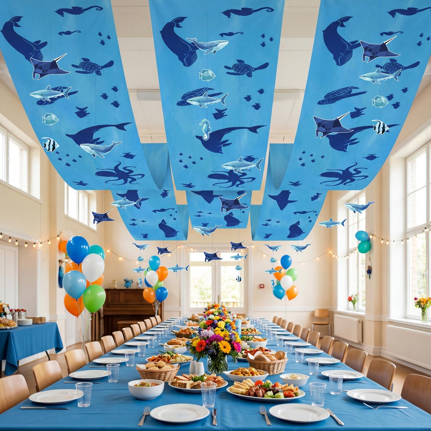 3Pcs Shark Ceiling Decorations, Under the Sea Banners and Ocean Themed Fish Hanging Ornaments Decor Birthday Party Supplies