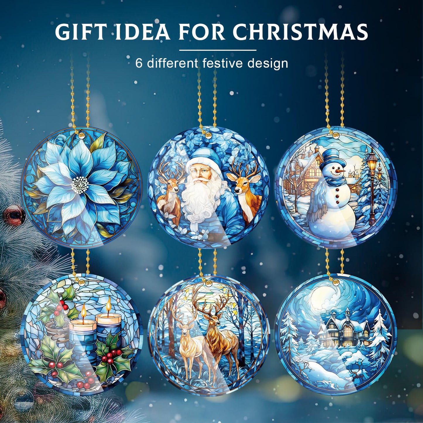 Vercraft 6 Pcs Winter Hanging Ornament Snowman Glass Style Christmas Tree Decoration Xmas Round Window Hanging Art Santa Claus Acrylic Ornament Deer Christmas Decorations