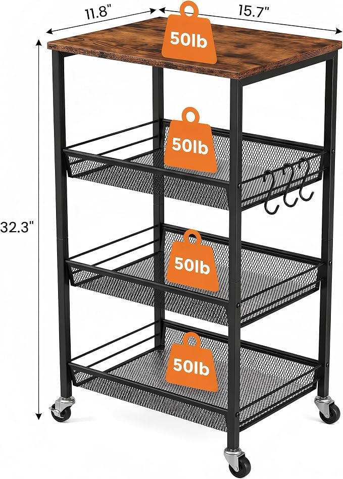 Homleke 4-Tier Rolling Kitchen Storage Cart, Utility Cart with Wooden Tabletop & Metal Baskets, Fruit Vegetable Basket for Kitchen, 3-S Hooks, Rustic Brown and Black