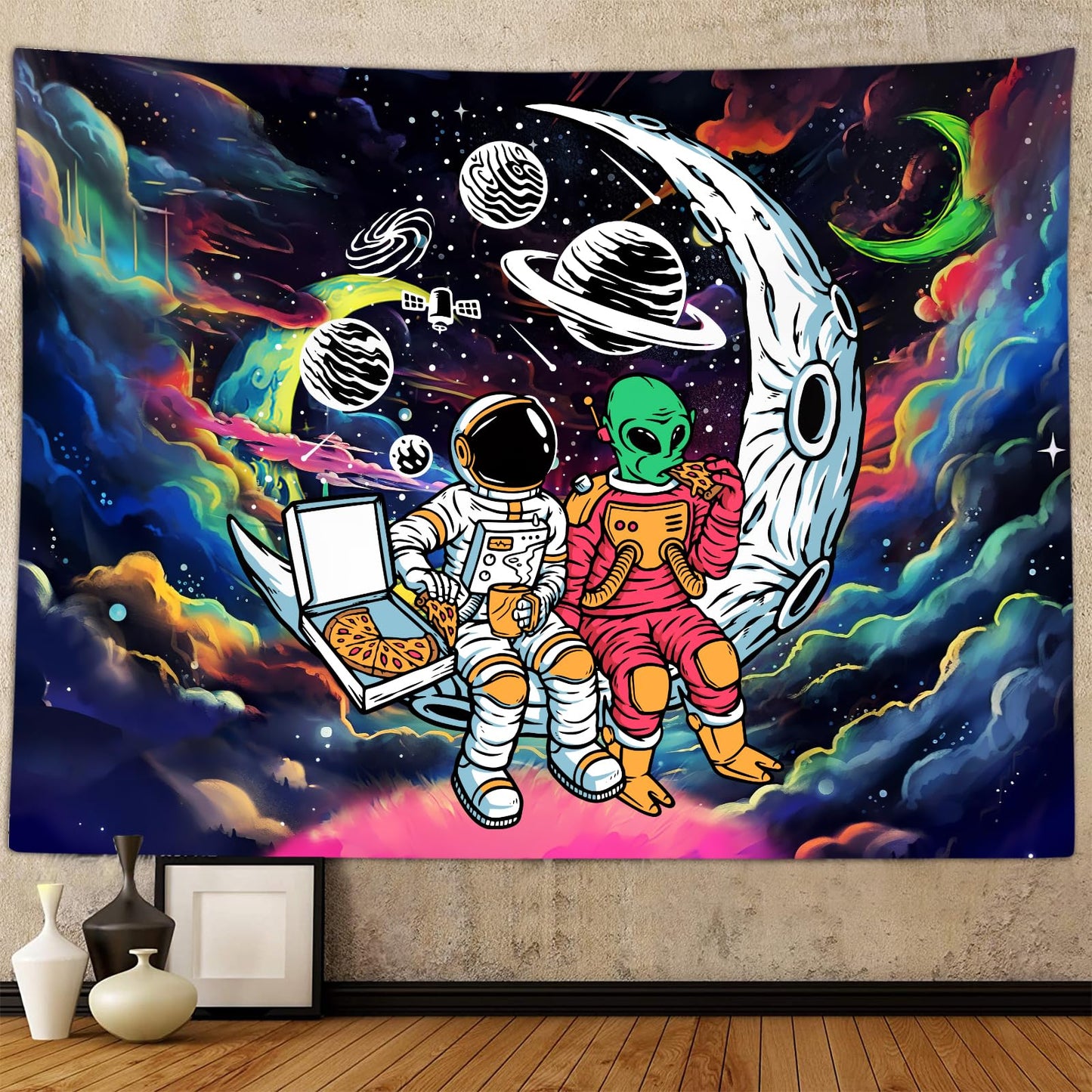 Sanzugh Funny Space Astronaut Alien Tapestry for Men Guys Bedroom, Cool Trippy Universe Planet Art Tapestries Wall Hanging College Dorm Boys Room Decor 60"X40", Psychedelic Blacklight Galaxy Poster