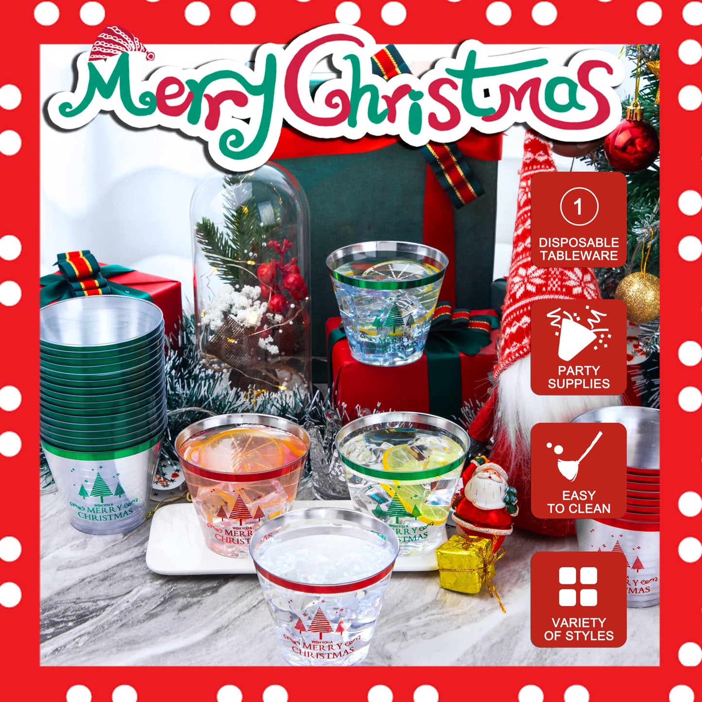 LUODA 60PCS 9 oz Christmas Party Cups, Merry Christmas Plastic Cup,Red and Green Edge Xmas Disposable Clear Cup for Party &Xmas Eve Decoration