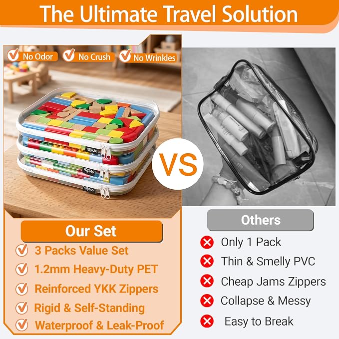 YQBRAO 3-Pack Large Clear Hard Shell Zipper Case, 1.2mm Rigid Toy & Cosmetic Bags, Heavy-Duty Diaper Bag Pouch Set with YKK Zippers, Waterproof Travel & Makeup Organizer