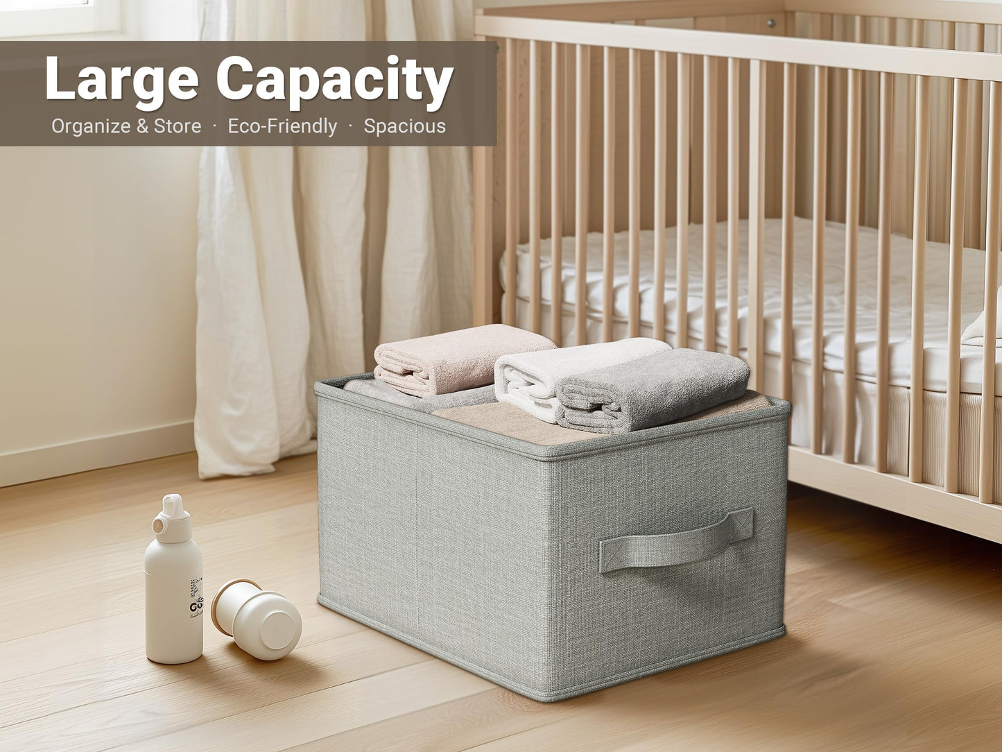 LayerSpace 3 Pack Fabric Storage Bins for Shelves | 14.75x10.25x8.25 in Storage Baskets | Fabric Closet Organizers with Handles Home Organization | Linen Clothes Storage Bins | Light Gray