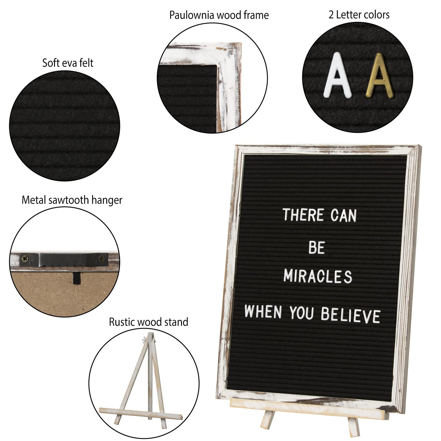 Felt Letter Board with Rustic Vintage Frame and Stand 12x16 inch,Black Changeable Letter and Message Board Includes 792 Letters, Numbers and Symbols, Hook to Hang, 2 Canvas Bags
