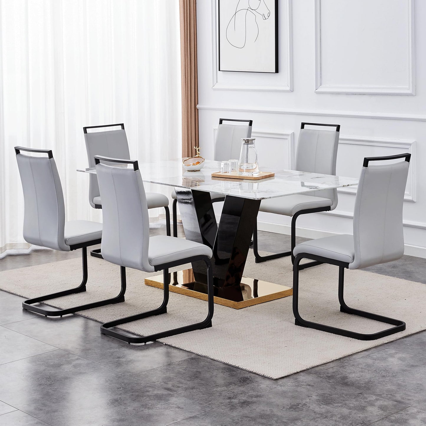 gopop Marble Dining Table,Modern Dining Room Table with Golden Stainless Steel Base,Marble Kitchen Table for 8 People,71'' Gold Dining Table Ideal for Living Room Home Office