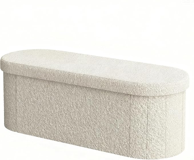 GLAXYFUR Oval Storage Ottoman Bench, Sherpa Foot Rest, 43 Inch Folding Chest for Living Room, Bedroom (Beige)