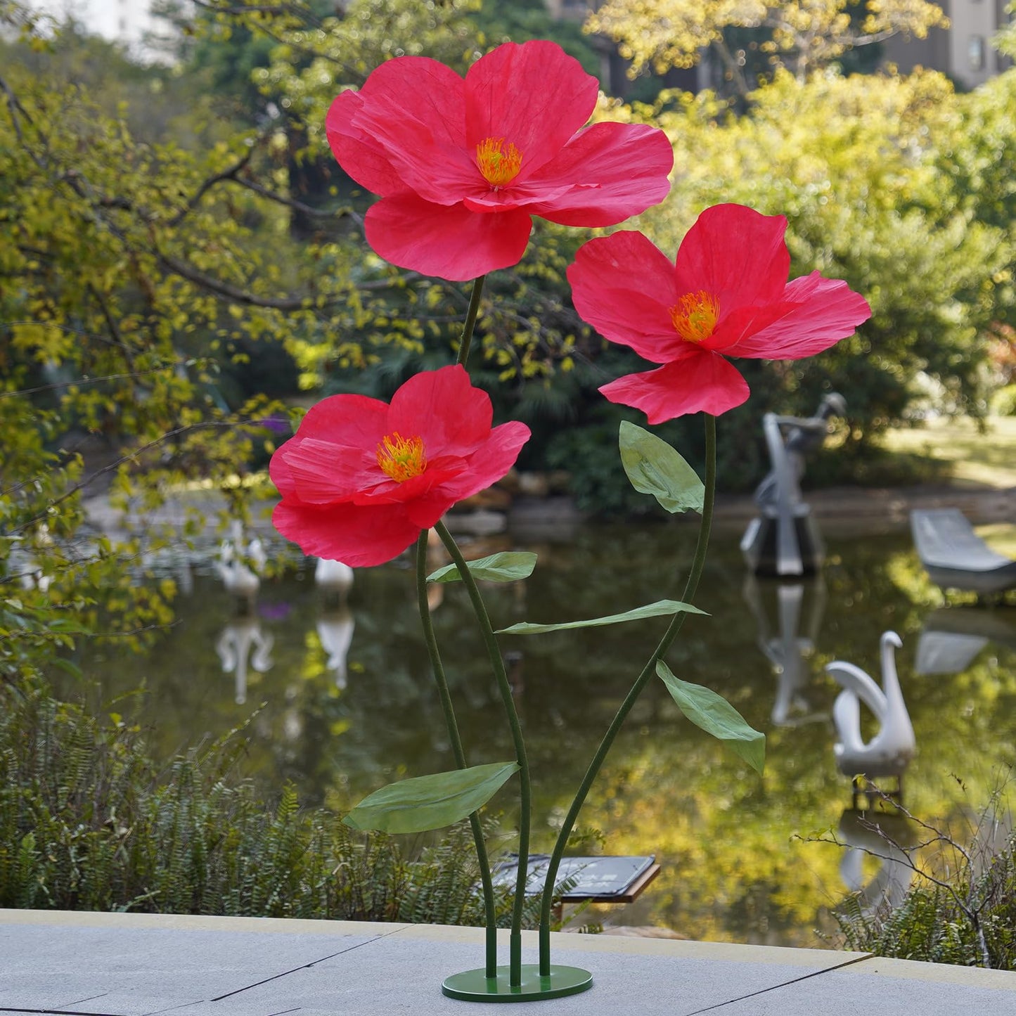 ZEYEXE Large Paper Artificial Flowers,Giant Flowers for Decoration,Huge Handcrafted Poppy Fake Flowers with Stand for Home Decor Bridal Shower Party Outdoors Yard Event Backdrop Decor (red)