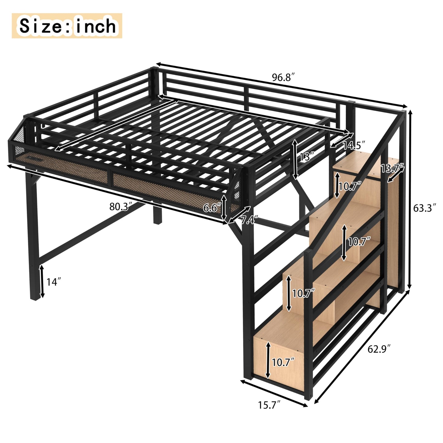 KEIKI Queen Size Loft Bed with Storage Stairs for Adults, Heavy Duty Bunk Beds with Shelves, Wardrobe, Metal Bedframe with USB Ports for Bedroom, Natural