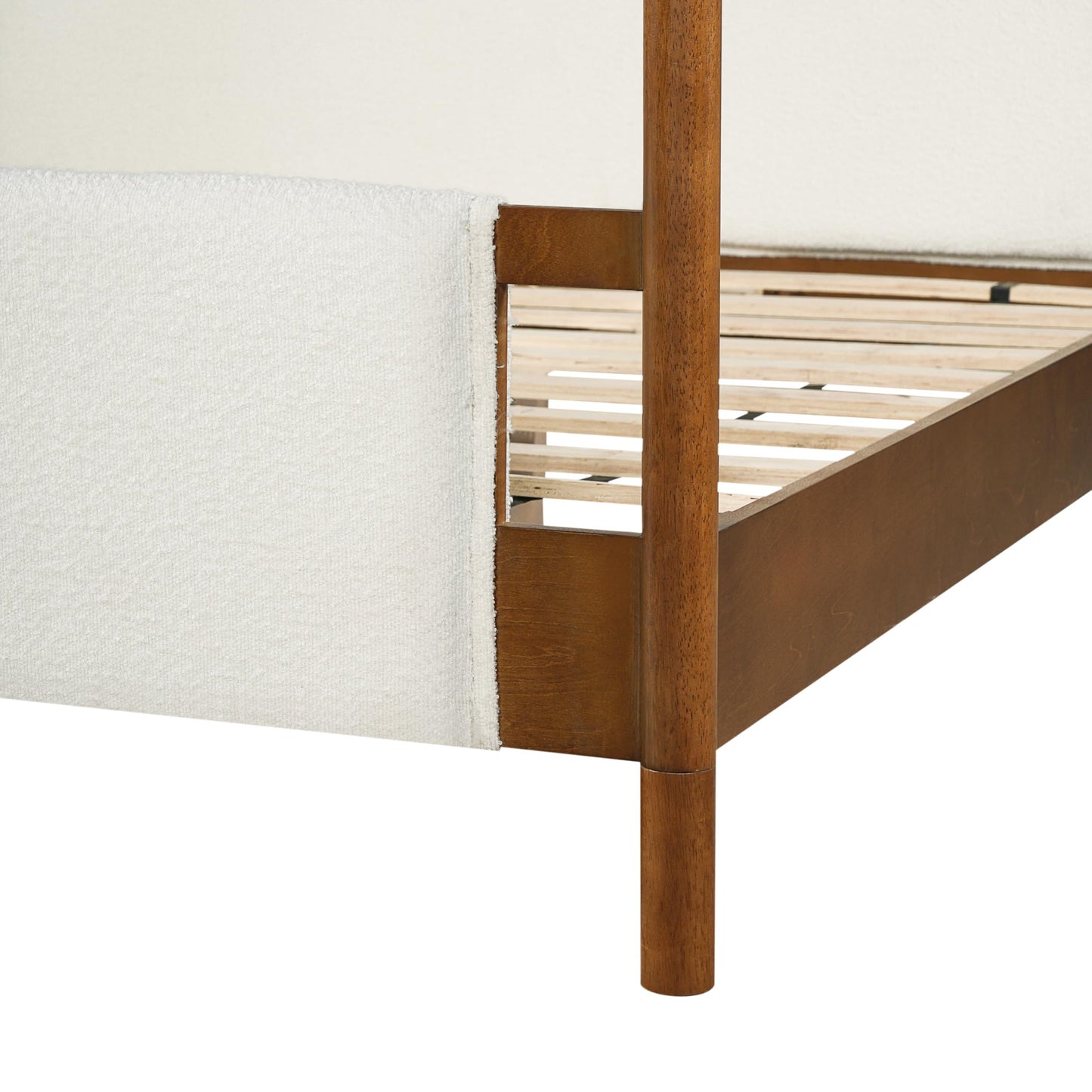 Christopher Knight Home Rotie King Size Canopy Bed Frame, Boucle Upholstered King Size Bed Frame with Headboard, King Platform Canopy Bed, Wooden Slats Support, No Box Spring Needed, White+Brown