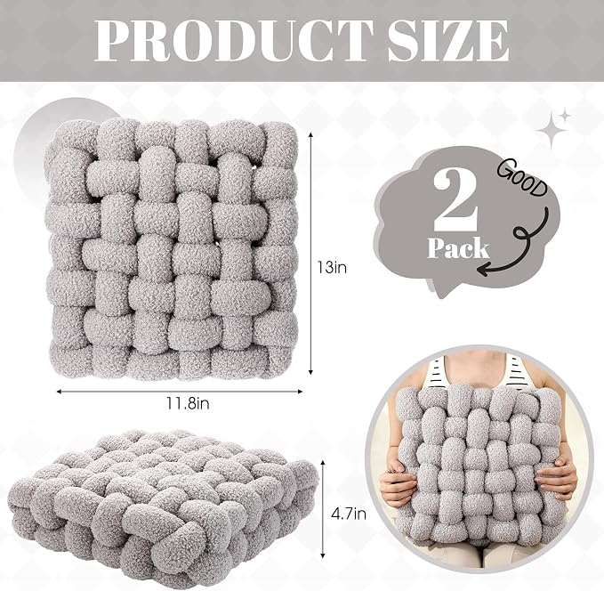 Wenqik 2 Pcs Knot Pillows Square Knotted Plush Throws Soft Accent Pillows Decoration Cushion for Couch Home Office Living Room Bedroom Bed Sofa Decor, 12'' x 13''(Light Gray,Lambswool)
