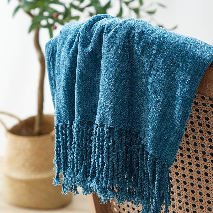 BOURINA Chenille Throw Blanket with Decorative Fringe for Couch Sofa Chair Blanket (50x60 Inches) Dark Blue