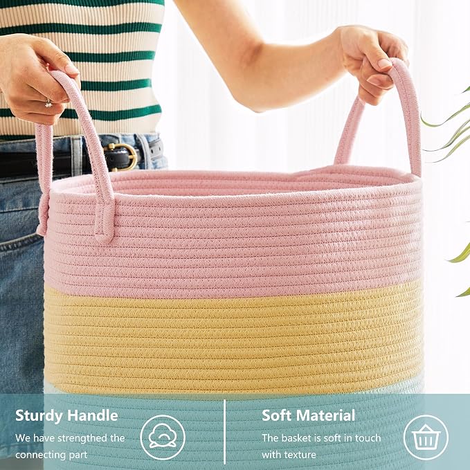 80L Extra Large Rainbow Laundry Hamper for Baby Girls Clothes Tall Woven Laundry Basket for Kids Nursery Toy in Playroom Blanket Basket for Living Room Bedroom 16"D x 22"H Pastel Unicorn