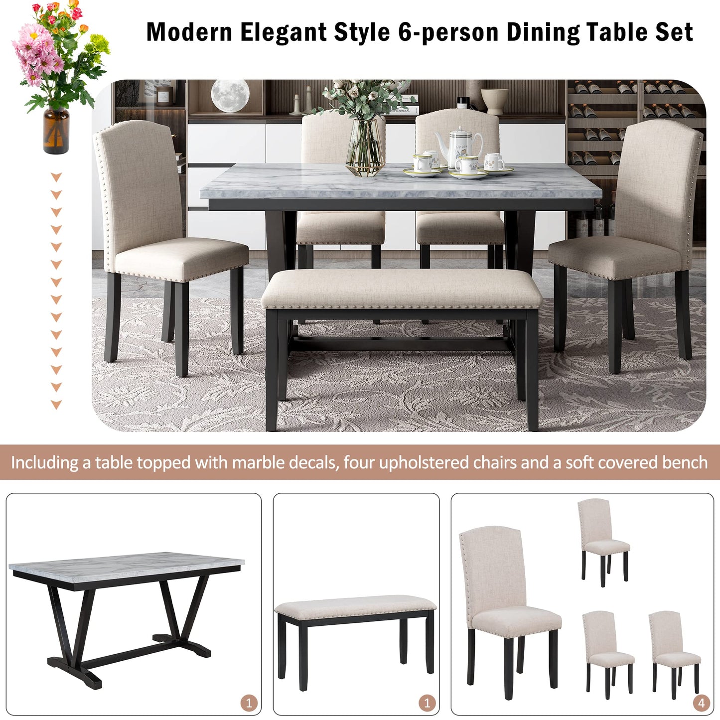 Ball & Cast 6 Piece Dining Table Set with 4 Chairs & 1 Bench,Living Room Furniture W/ 60" Rectangle Marbled Veneers Tabletop Kitchen Desk,for Restaurant,Home Bistro,White