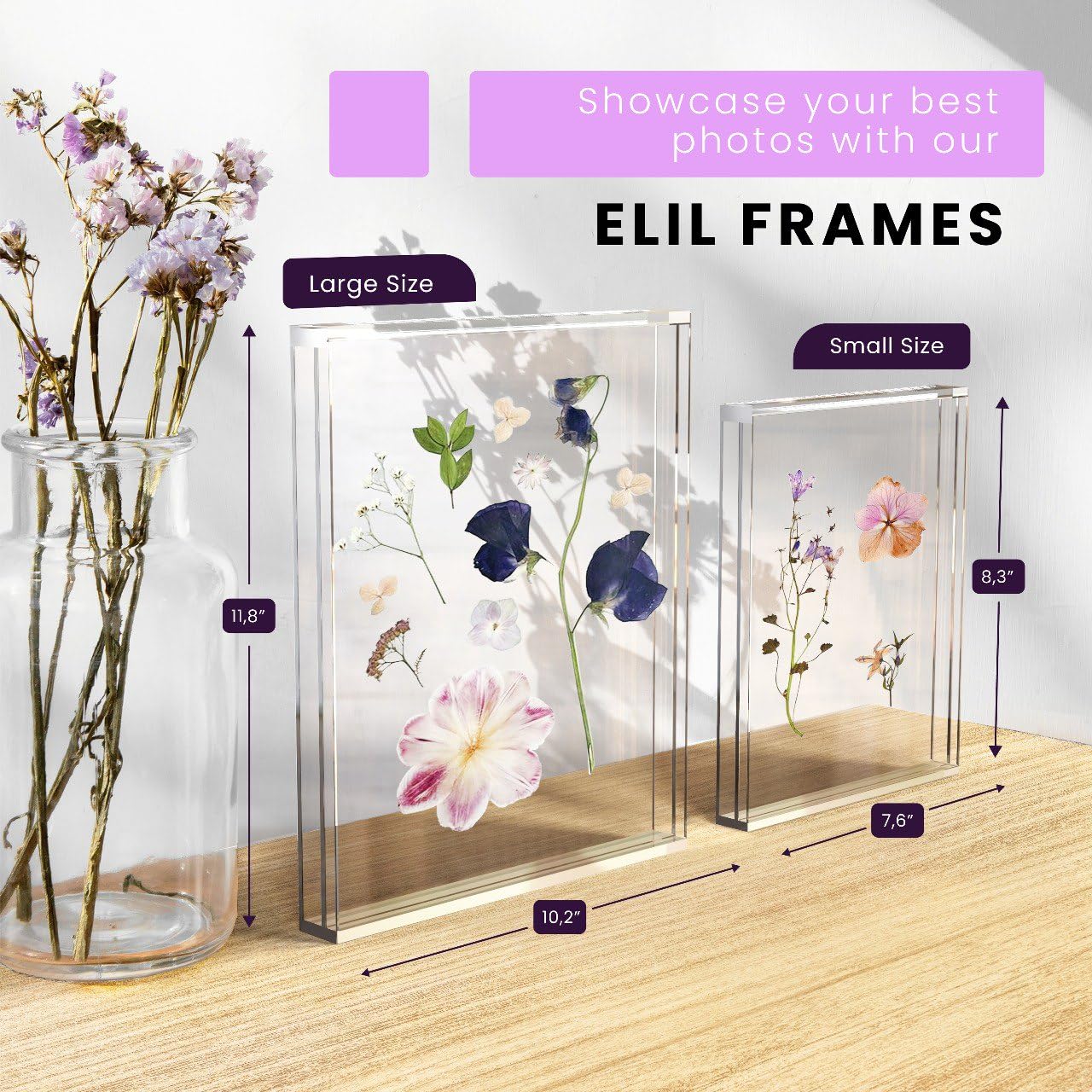 Elil Polaroid & Fujifilm Instax Frame – Clear Acrylic Floating Picture Frame 11.8" x 10.2" Holds 8x10 Photo or 12 Instax Mini Polaroid Go Prints Double-Sided Collage Display for Wedding & Graduation