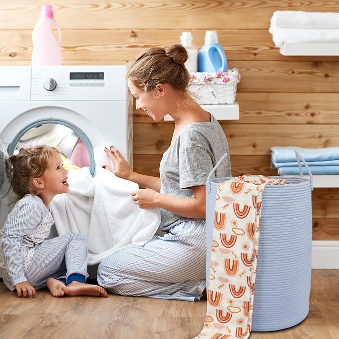 XUANGUO Cotton Rope Laundry Basket Hamper for Clothes Woven Storage Basket for Living Room Bedroom Boho Tall Rope Baskets for Blanket Toys Pillow Towels Baby Nursery Hamper Bin light blue Large