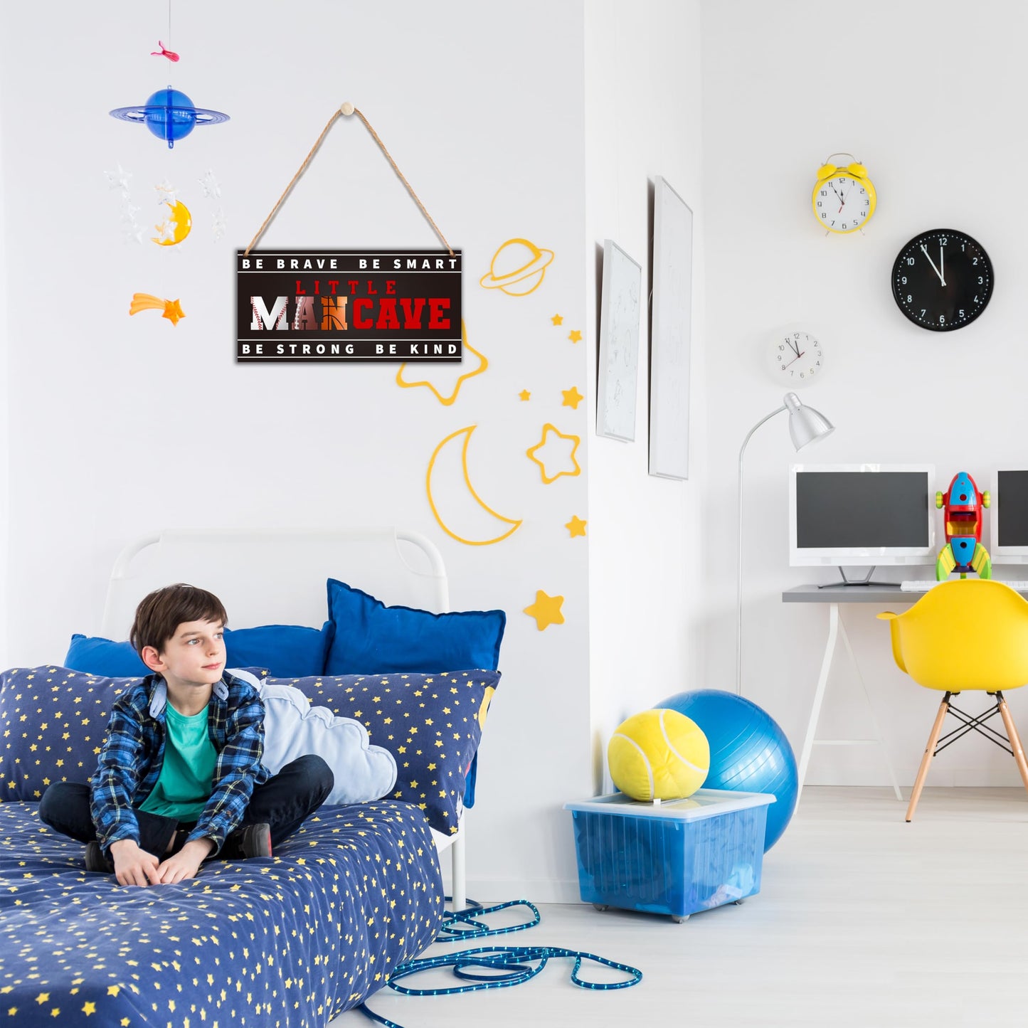 Little Man Cave, All-Star Sports Wood Sign Door Hanging Decor, Boys Decorations for Bedroom Nursery Playroom Wall Art (5"x10") -A04