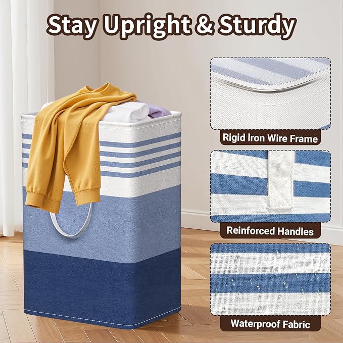 WOWBOX 2 Pack Laundry Baskets, Laundry Hampers, Freestanding Dirty Clothes Hampers with Reinforced Handles & Cross Stitch & Waterproof Coating, for Laundry Bedroom Bathroom Dorm,75L Blue